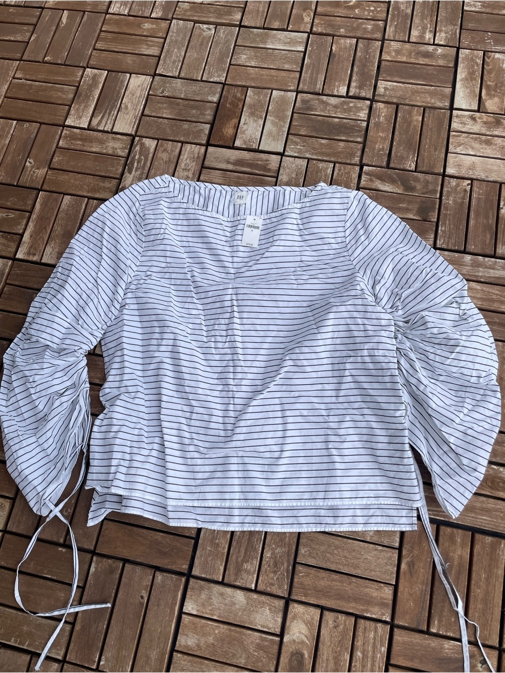 GAP White Top with Black Pinstripes and Drawstring Sleeves